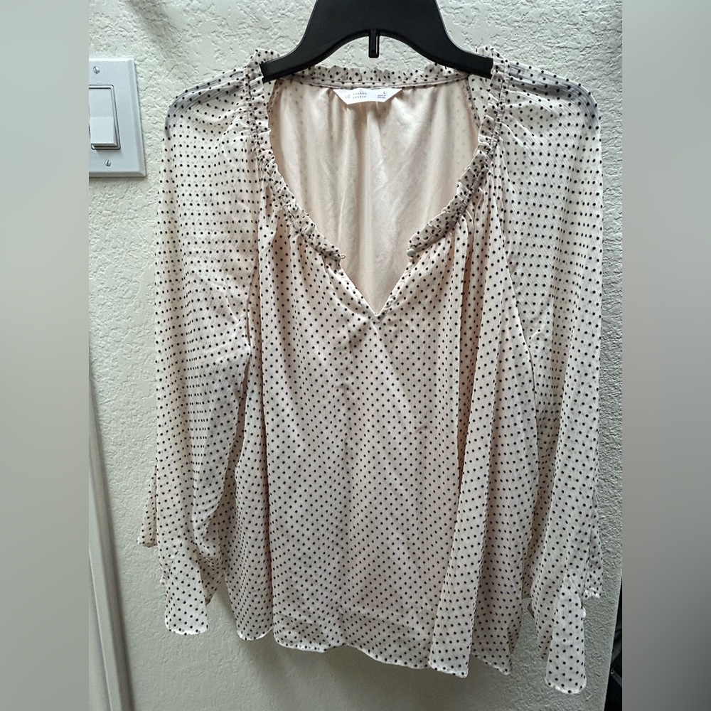 LC Lauren Conrad light pink and Black Polka Dot Blouse